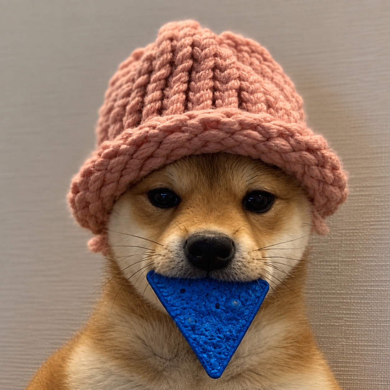 A fluffy Shiba Inu wearing a pink knitted hat and holding a blue triangular chip